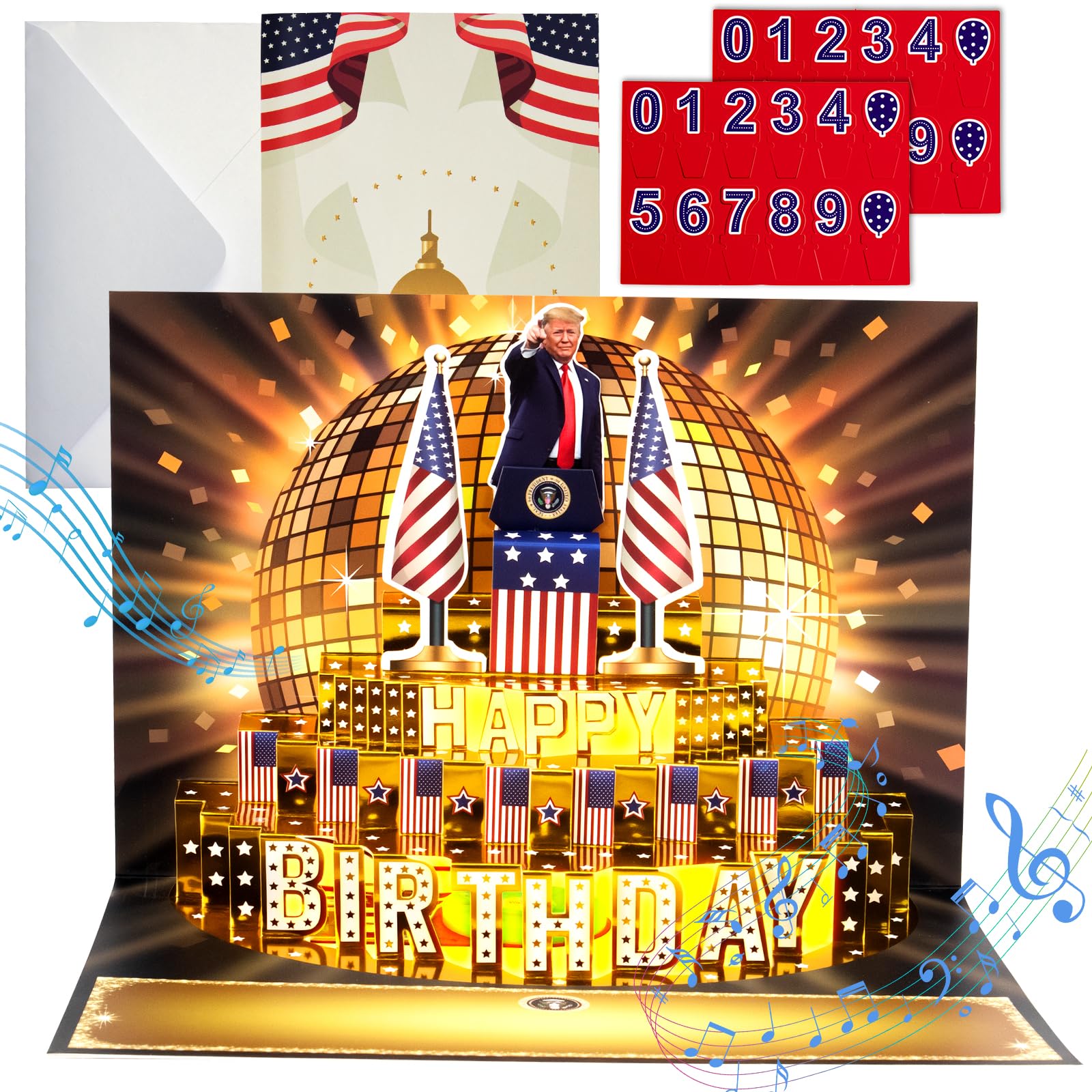 Tarjeta de cumpleaños, tarjetas de felicitación del presidente Donald parlante con mensaje de voz real y luz para hombres y mujeres, padres, parejas (cumpleaños, pastel dorado)
