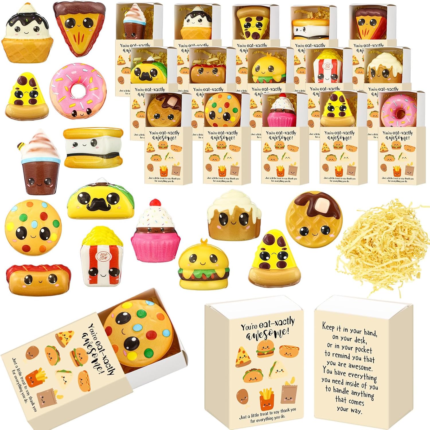 15 Set Mini Squeeze Fast Food Toys for Coworker Fast Food Squeeze with You're Awesome Small Box Hamburger Popcorn Cake Pizza Squeeze Gift for Adults Office Employee