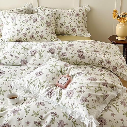 Miniatura 2 de VClife Juego de funda de edredón de algodón para niñas, con volantes, estilo de encaje, estampado floral, color morado y verde, juego de funda de