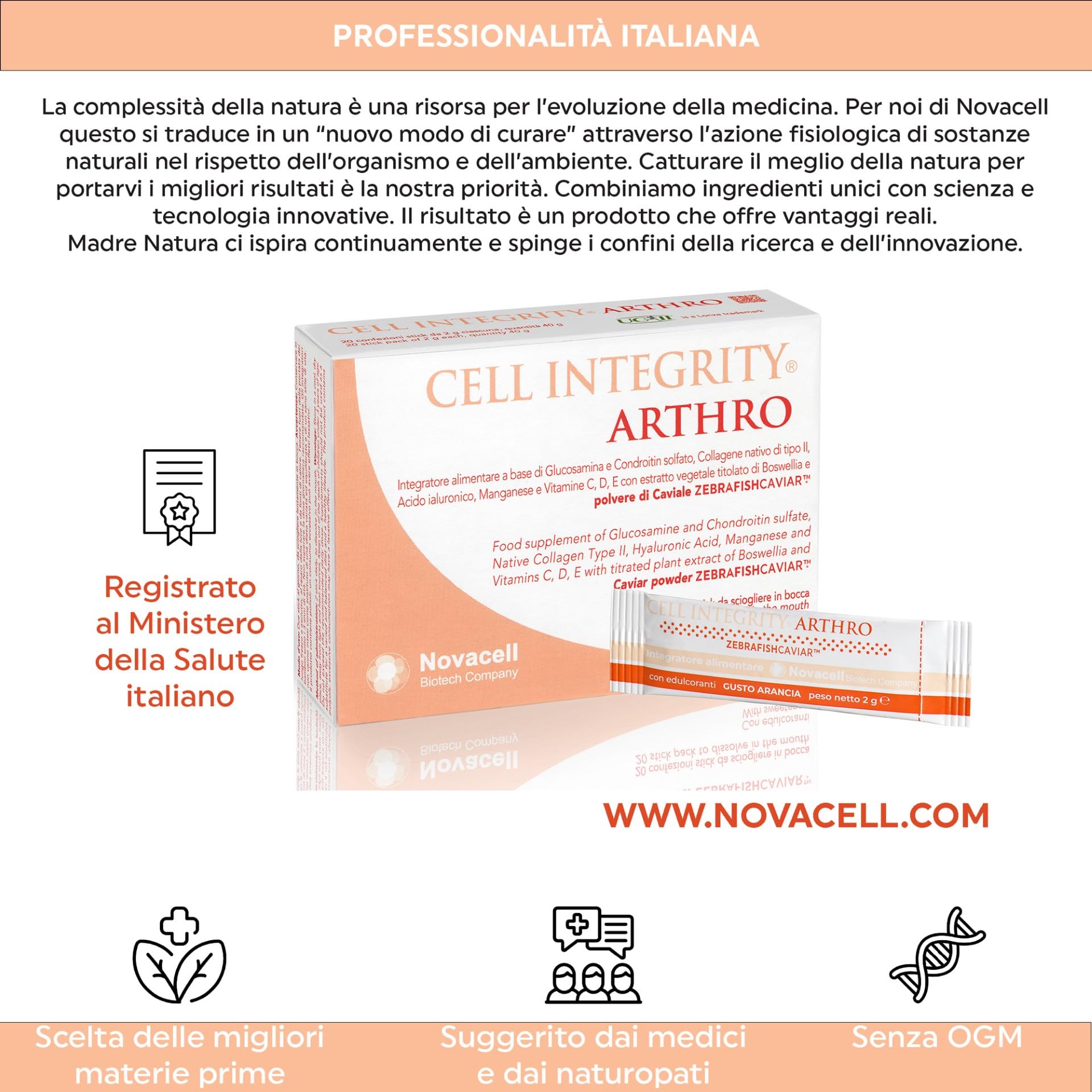 NOVACELL BIOTECH – Cell Integrity Arthro con Glucosamina, Condroitina, Collagene II, Acido Ialuronico – Supporto Articolare e Osseo – 20 Sticks