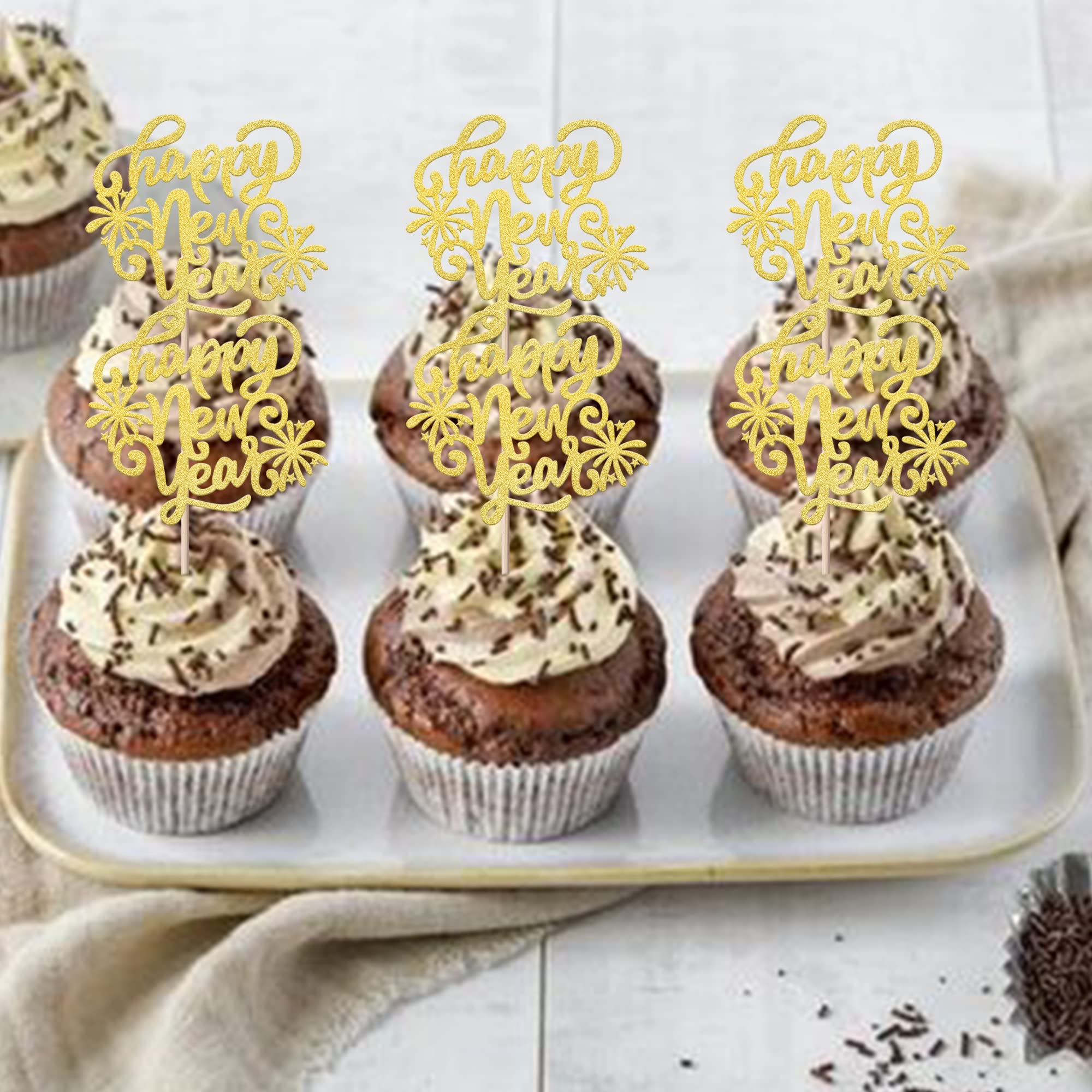 Cupcake-Aufsätze „Happy New Year 2025“ – 30 Stück, Gold – Mit Mitternachtsuhr, Feuerwerk Motiven – Für Silvester-Party & Kuchen-Dekoration
