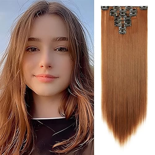 Benehair Extensiones de cabello con clip, 8 piezas de 23 pulgadas, extensiones de cabello sintético lacio largo y lacio de color castaño claro,