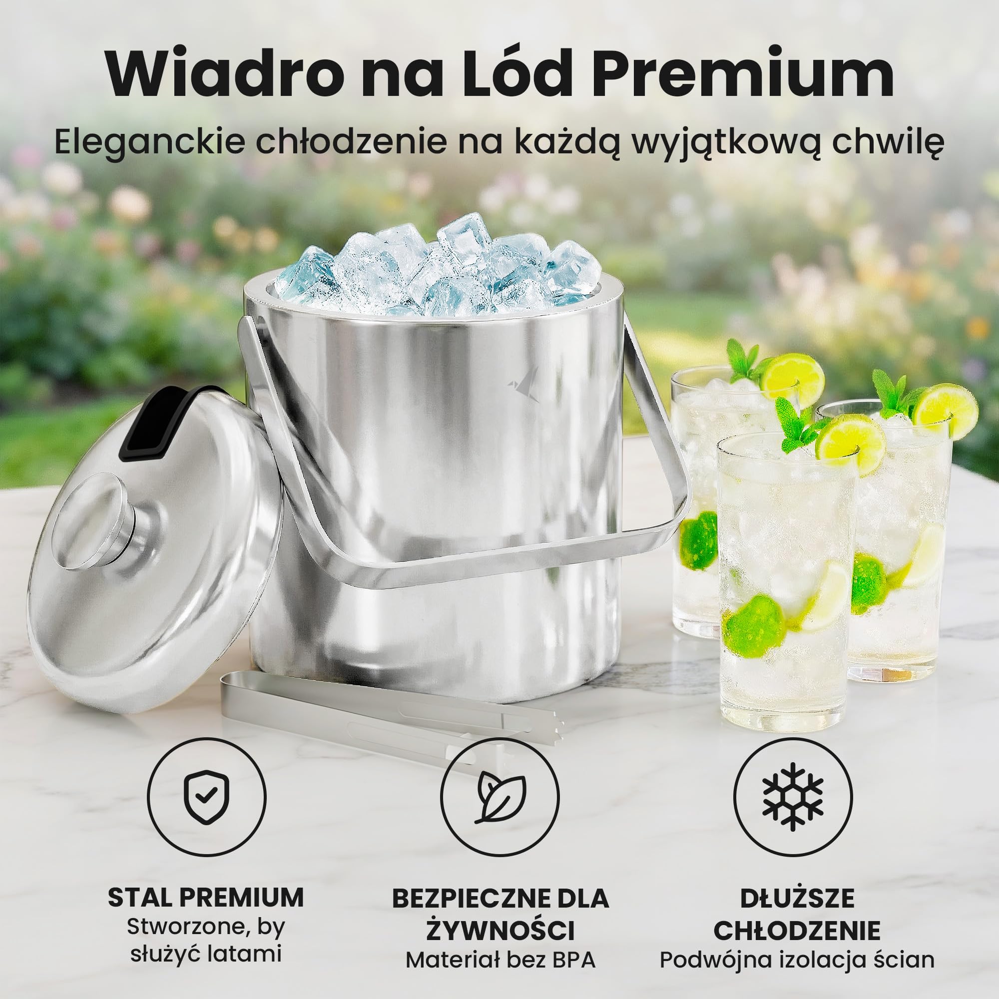 Beyond Pojemnik na Kostki Lodu z Pokrywką i Szczypcami ze Stali Nierdzewnej BPA-free – Chłodziarka do Lodu z Podwójnymi Ściankami, 1,3 Litra Kostek Lodu, Wiaderko na Lód, Kubełek na Lód – Srebrny