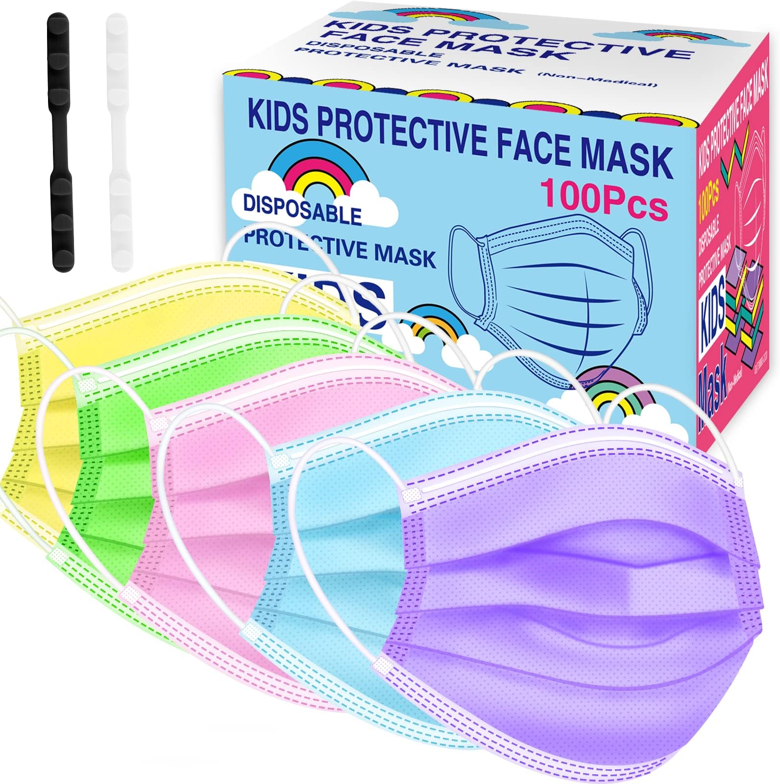Kids Disposable Face Masks 100 Pack, 3-Layer Safety Masks Colorful Childrens Disposable Face Mask Girls & Boys