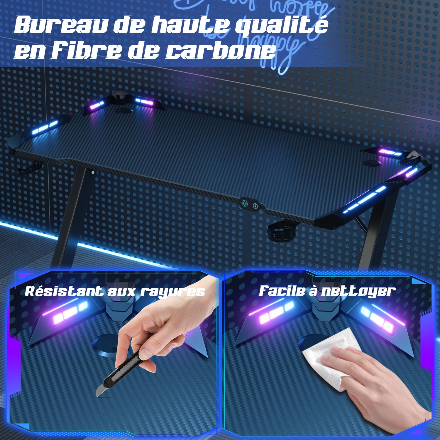 Devoko Bureau Gaming LED 120×60cm,Contrôleur Touché de Lumière par USB, Plusieurs Modes de Changement de lumière,Porte-gobelet et Crochet pour Casque, Bureau Gamer Informatique Ergonomique, Noir