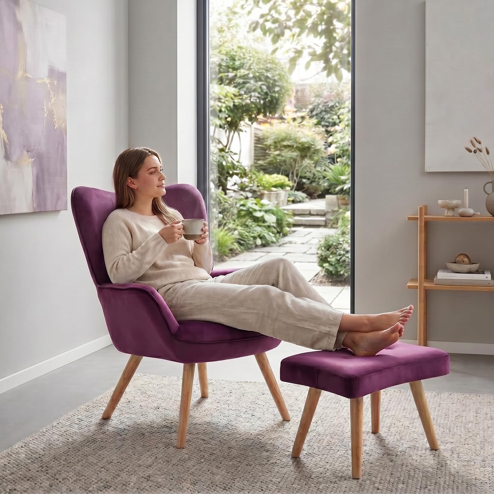 HollyHOME Fauteuil avec Repose Pied Scandinave Fauteuil de Salon Relax Chaise Velours Fauteuils D'appoint en Bois Fauteuils de Lecture pour Chambre à Coucher, Violet