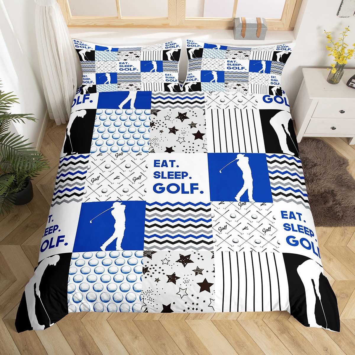 Homewish Boys Sport Duvet Cover Double Golf Bedding Set Golf Checkered Patchwork Comforter Cover With Zipper Closure Ball Gamer Bedding With 2 Pillowcase Decotive 3Pcs Athlete Player Bedroom Decor