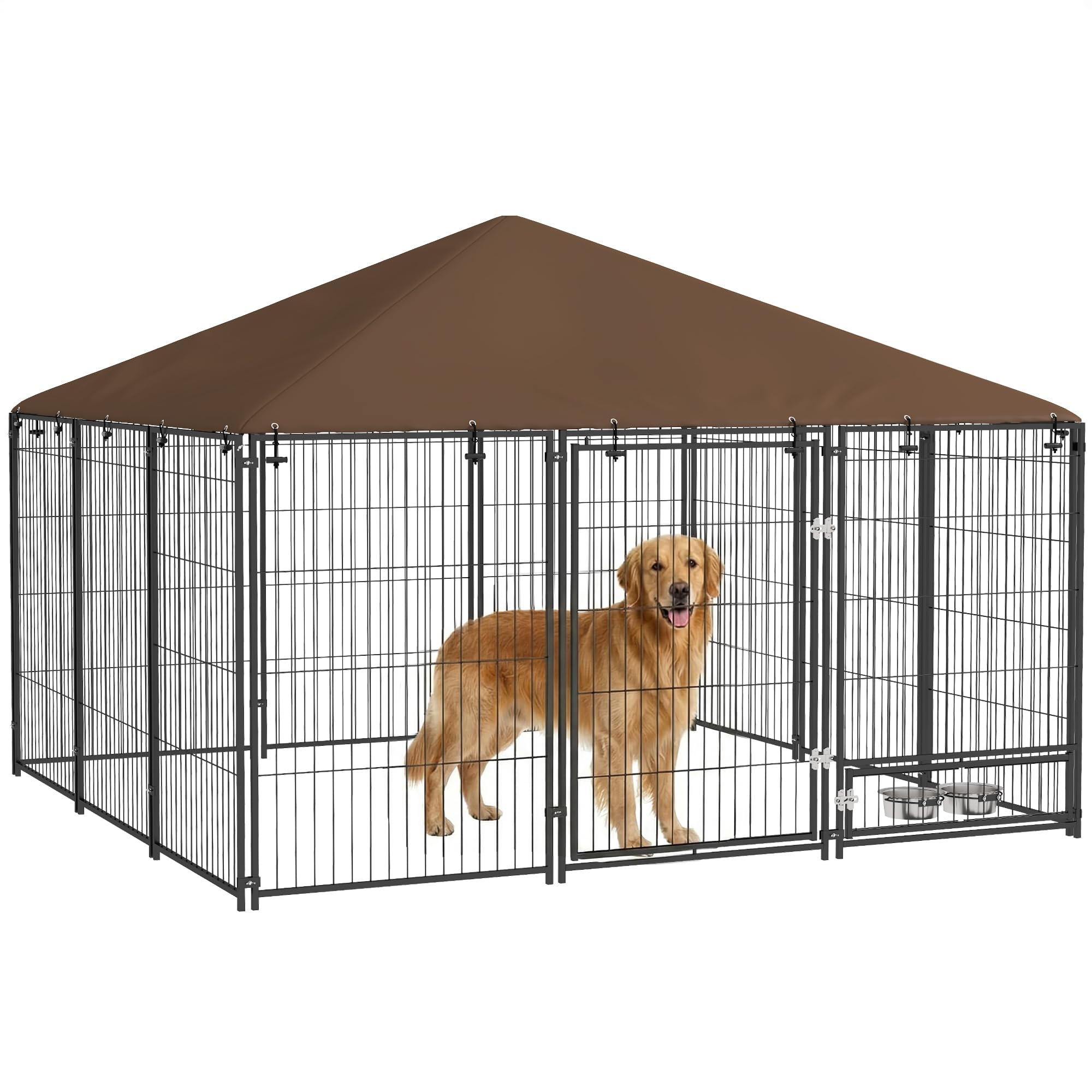 PawHut Recinto per Cani da Esterno, Box per Cani in Acciaio 211x211x151 cm con Tetto Anti-UV, Impermeabile, Ciotola Girevole, Kennel Recinzione Spazioso per Cuccioli, Giardino, Nero e Marrone
