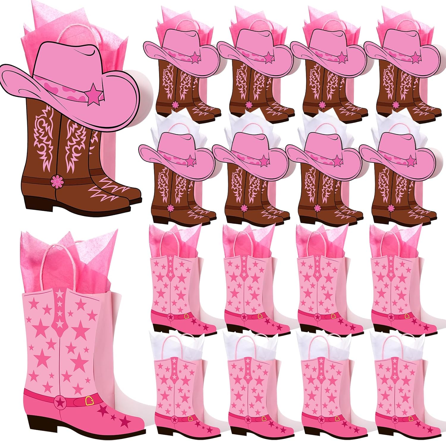 Mooliwe 24 Pcs Cowboy Cowgirl Boots Bags with Tissue Paper Western Theme Party Favors Wild West Girls Kraft Bags Bachelorettes Theme Last Rodeo Party Supplies Cowgirl Favors (Brown)