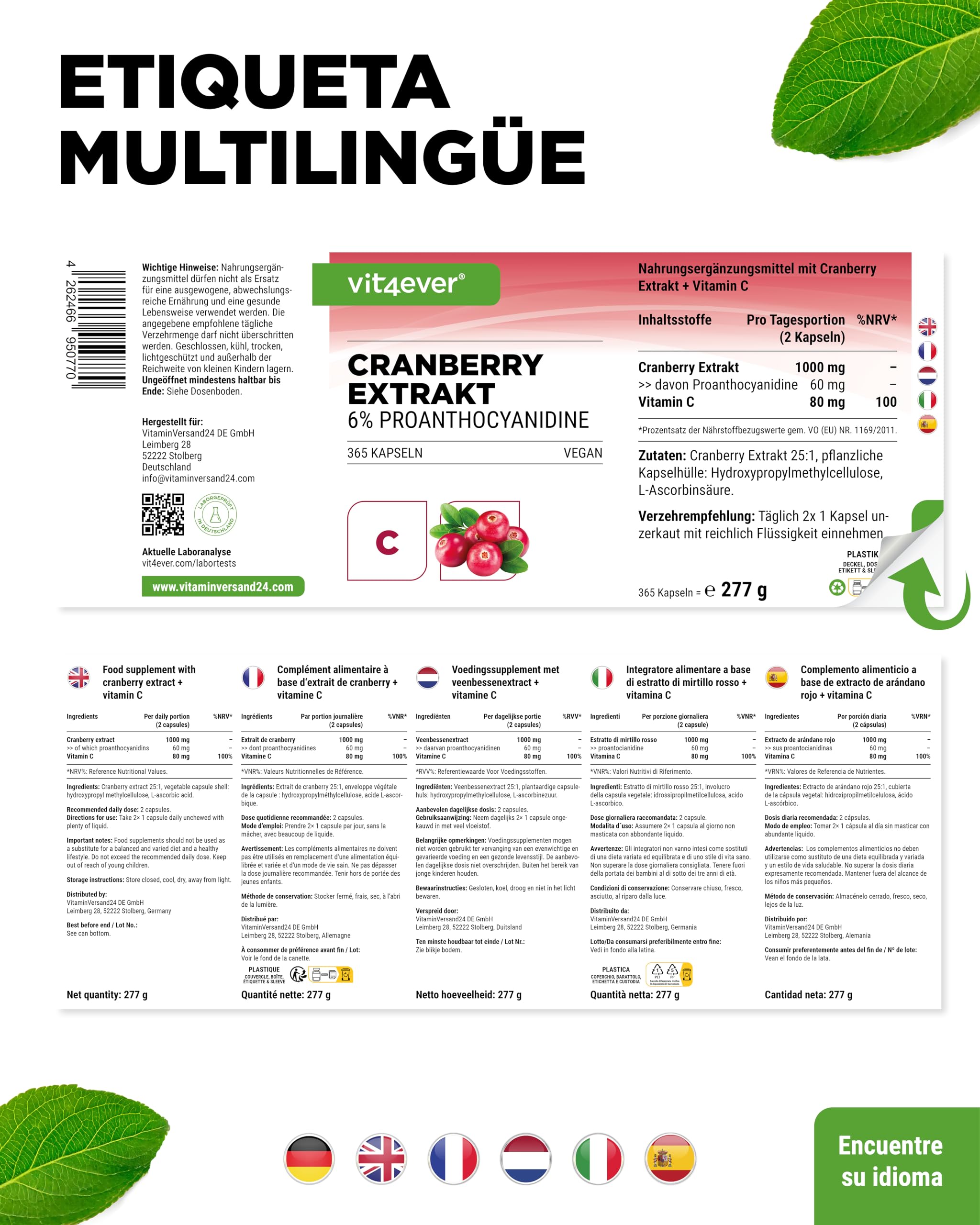 Extracto de arándano rojo + Vitamina C – 365 cápsulas de arándano rojo – Extracto 25:1, equivalente a 25.000 mg – 6% proantocianidinas – Alta dosis, sin aditivos indeseados, vegano