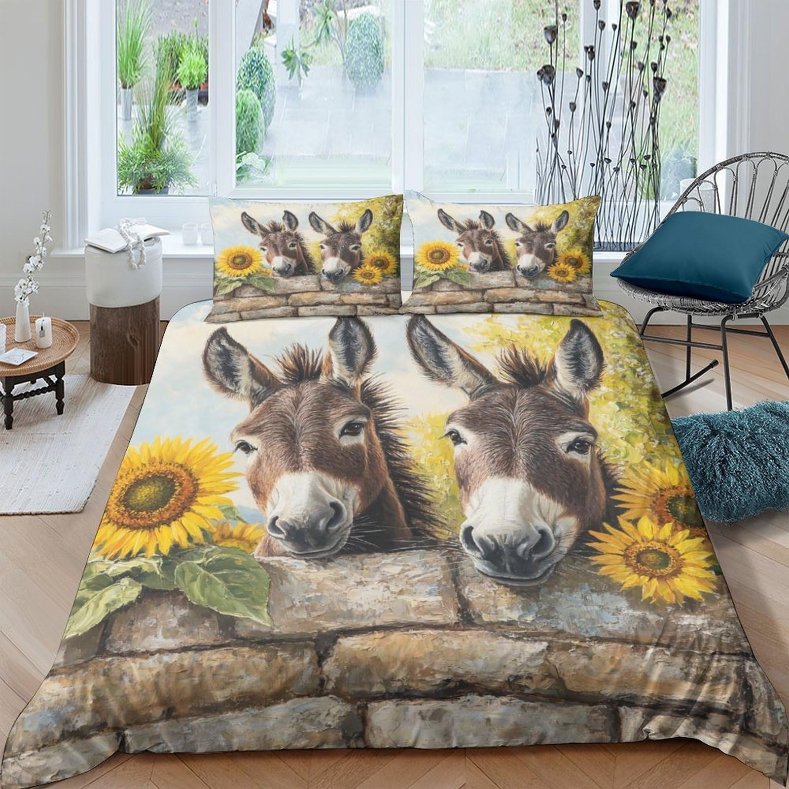 GPLZQXKJNH 3D Printed Donkey Sunflower Duvet Cover Microfiber Breathable Rustic Farmhouse Quilt Cover Set with 2 Pillowcases for Bedroom Decor Single（135x200cm）