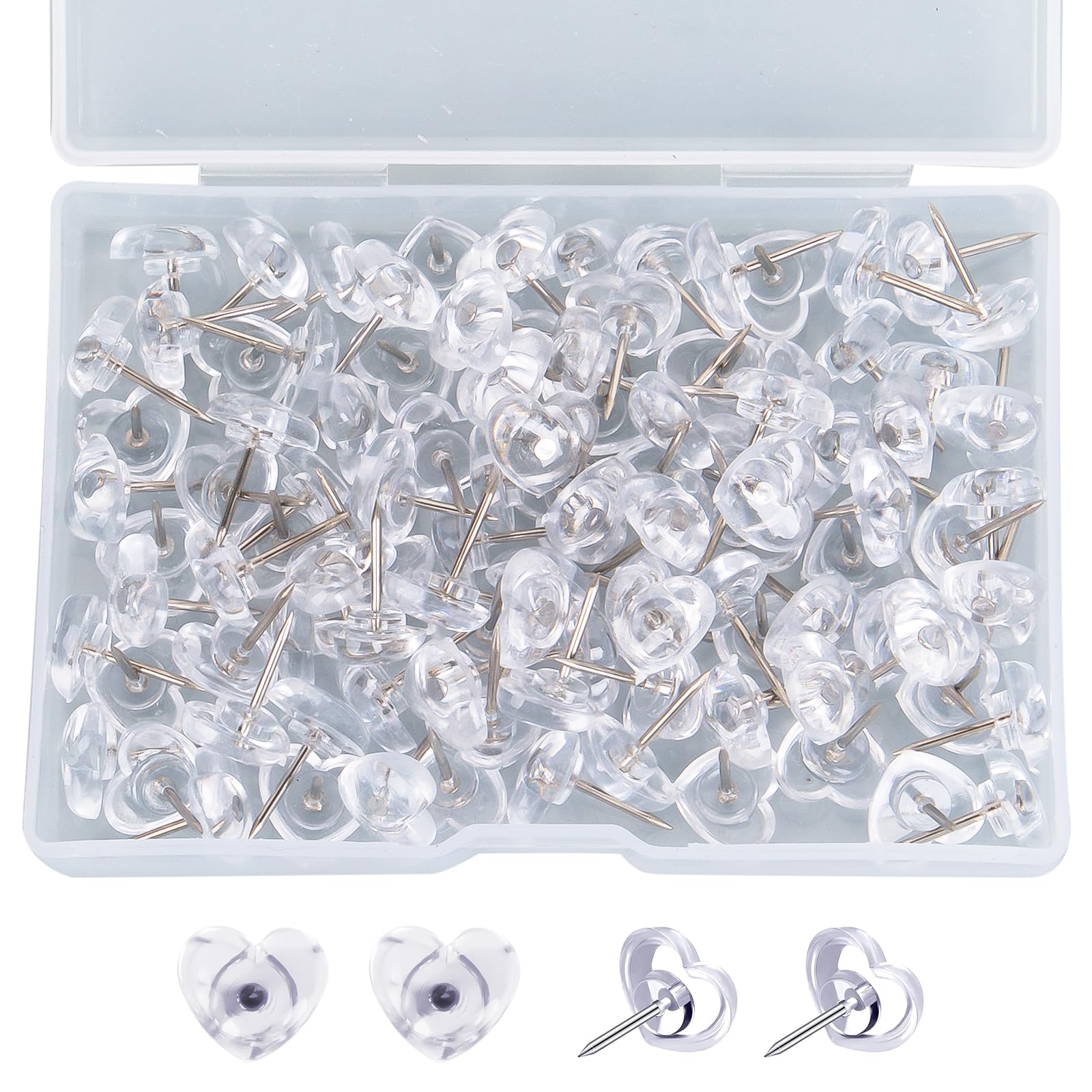 SCOOYUCK 100 Pcs Clear Push Pins, Cute Heart Shaped Cork Board Thumb Tacks, Suitable for Bulletin Boards Offices Maps Posters etc