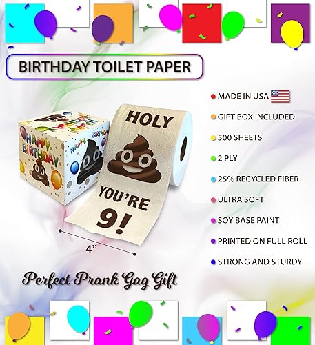 Miniatura 3 de Printed TP Holy Poop You're 9 - Papel higiénico impreso para regalo  Papel higiénico divertido de 9 cumpleaños para la mejor broma, sorpresa,