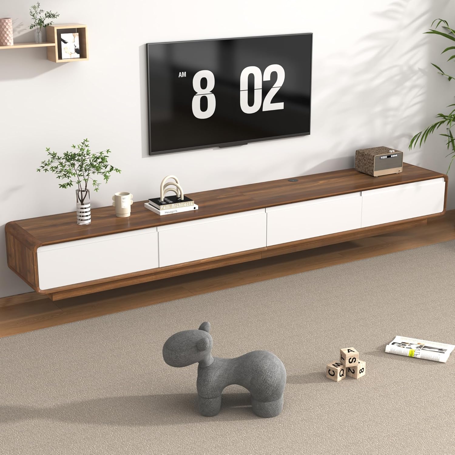 chartustriable Minimalist Floating TV Stand for TVs up to 100 Inches, 94.5" Midcentury Modern Wall Mounted Media Console with 2 Drawers, Entertainment Center for Living Room, White & Walnut