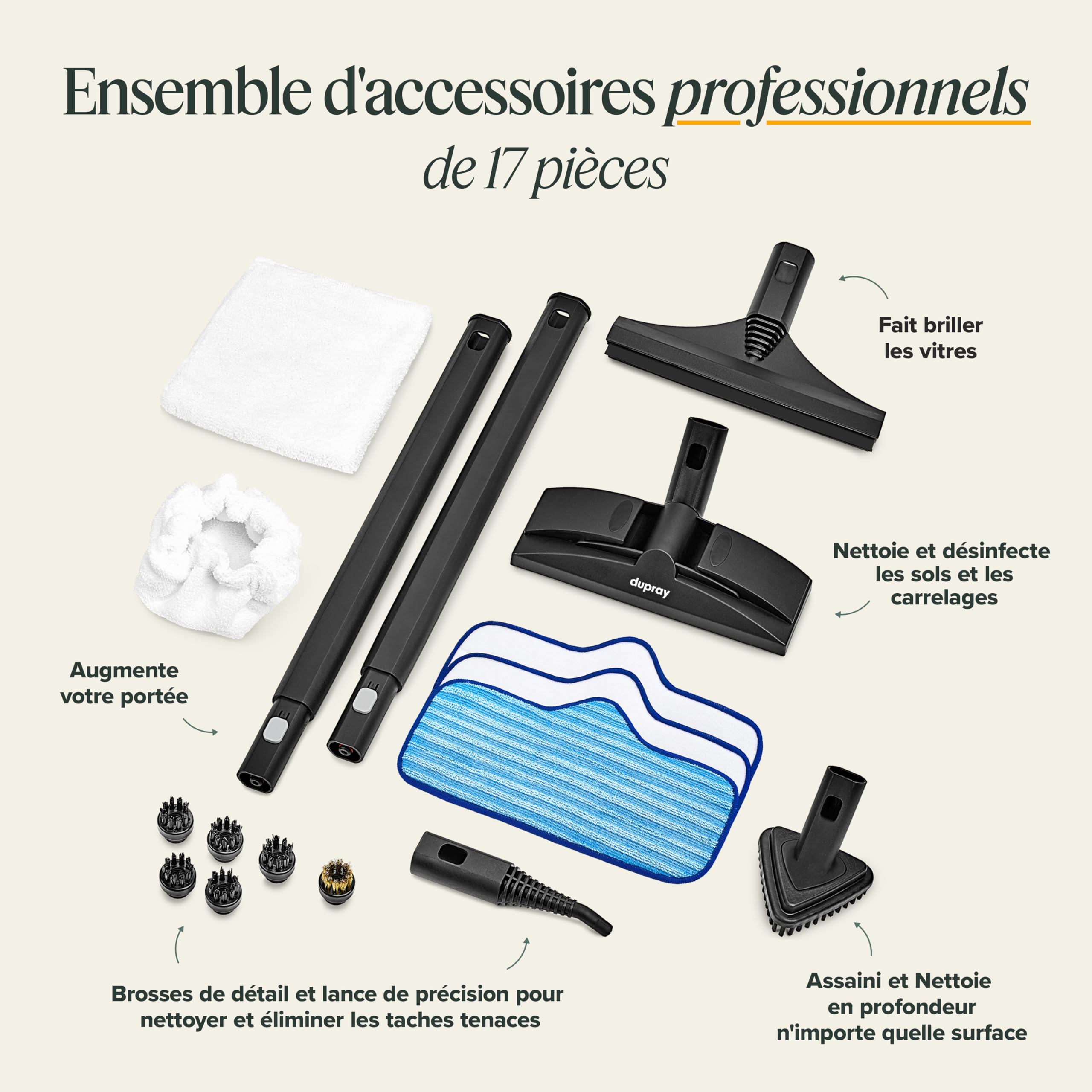 Nettoyeur vapeur Dupray Neat avec kit de 17 accessoires – Nettoyage puissant et sans produits chimiques pour sols, voiture, carrelage, joints et plus, performance polyvalente en profondeur