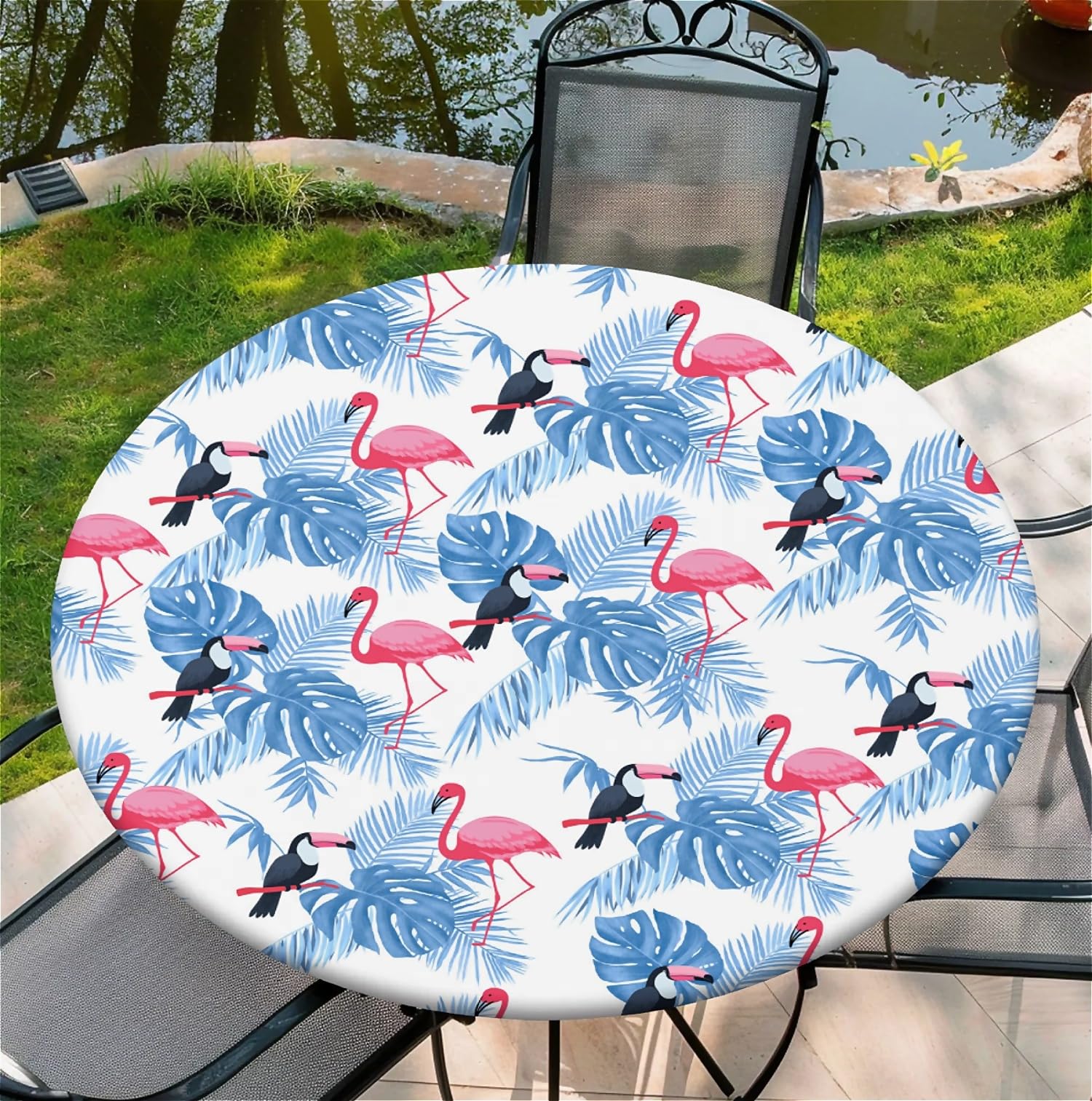 artslion Round Table Cloth with Elastic Edge 36 In– Waterproof Wipe Clean Fitted Table Cover for Indoor & Outdoor Use – Flamingo Patterns