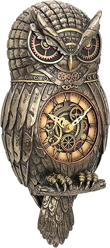 Miniatura 2 de Veronese Design Reloj de pared de péndulo de búho steampunk de 12.5 pulgadas de alto, resina fundida en frío, acabado de bronce antiguo, escultura