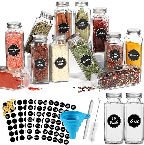 AuroTrends Tarros de especias con etiqueta de 8 onzas, 16 unidades, tarros de especias de vidrio de 8 onzas con tapas de coctelera, paquete de 16