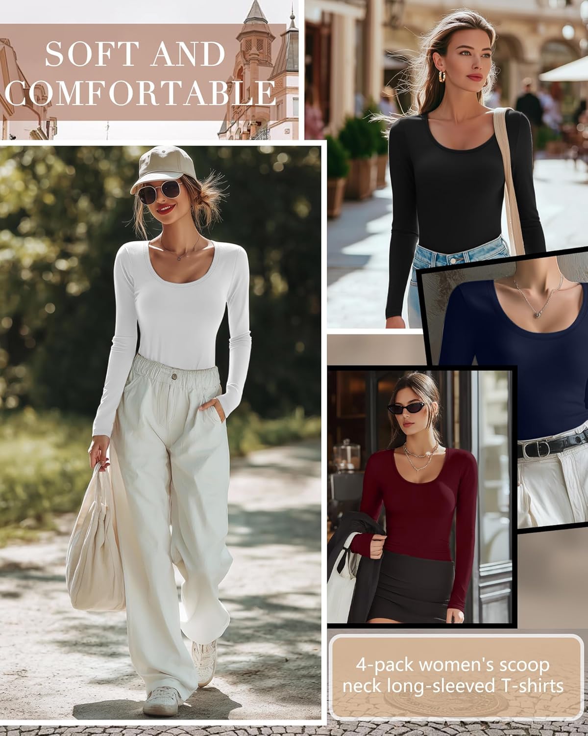 Ficerd 4 Pack Women's Scoop Neck Tops Long Sleeve Slim Fit T-Shirts Stretchy Tight Casual Plain Layering Shirts Tees - Image 6