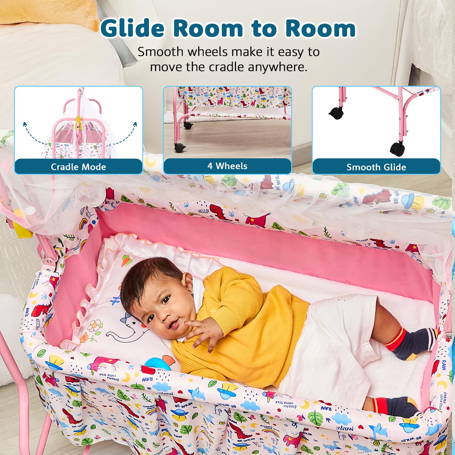 Amazon Brand - Supples Baby Cradle with Swing & Mosquito Net | 0–8 Months | Swing Lock | 4 Wheels with Brake | Soft & Comfortable for Baby Sleep | Sturdy Mild Steel Frame | Pink 2
