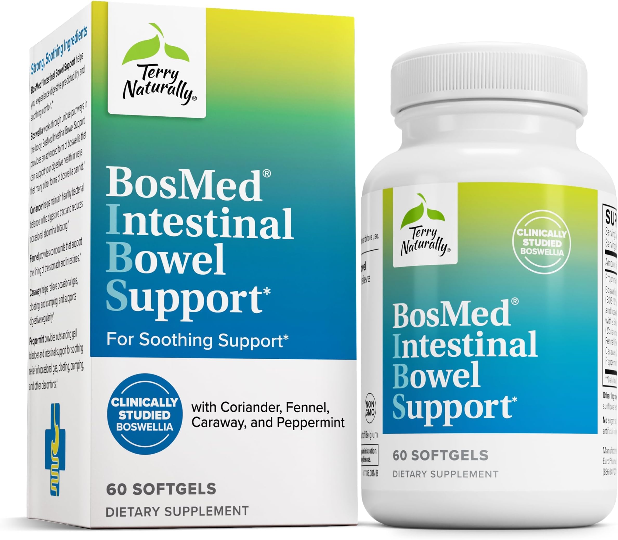 Terry Naturally BosMed Intestinal Bowel Support - Digestive & Intestinal Support Supplement - Bowel Health Supplement - Gut Health Support with Coriander, Fennel, Carraway & Peppermint - 60 Softgels