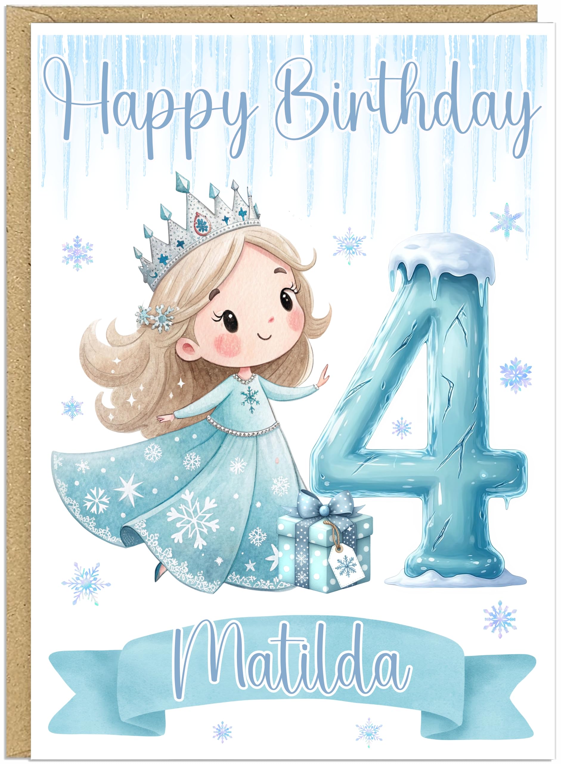 Personalised Winter Princess Happy Birthday Card with Age 1-9 - Custom Own Name & Own Age Number Balloon Blonde Ice Queen Crown Gifts A5 Greetings Card For Little Girls (Number 4)