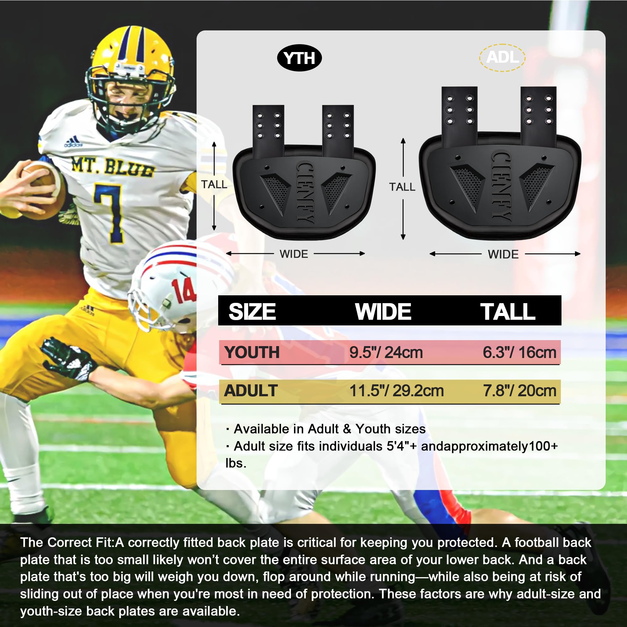 Football Back Plate for Shoulder Pads, Backplate Youth and Adult Football Players, Hard Shell Lower Back Protector with Contoured Foam, High-Impact Protection