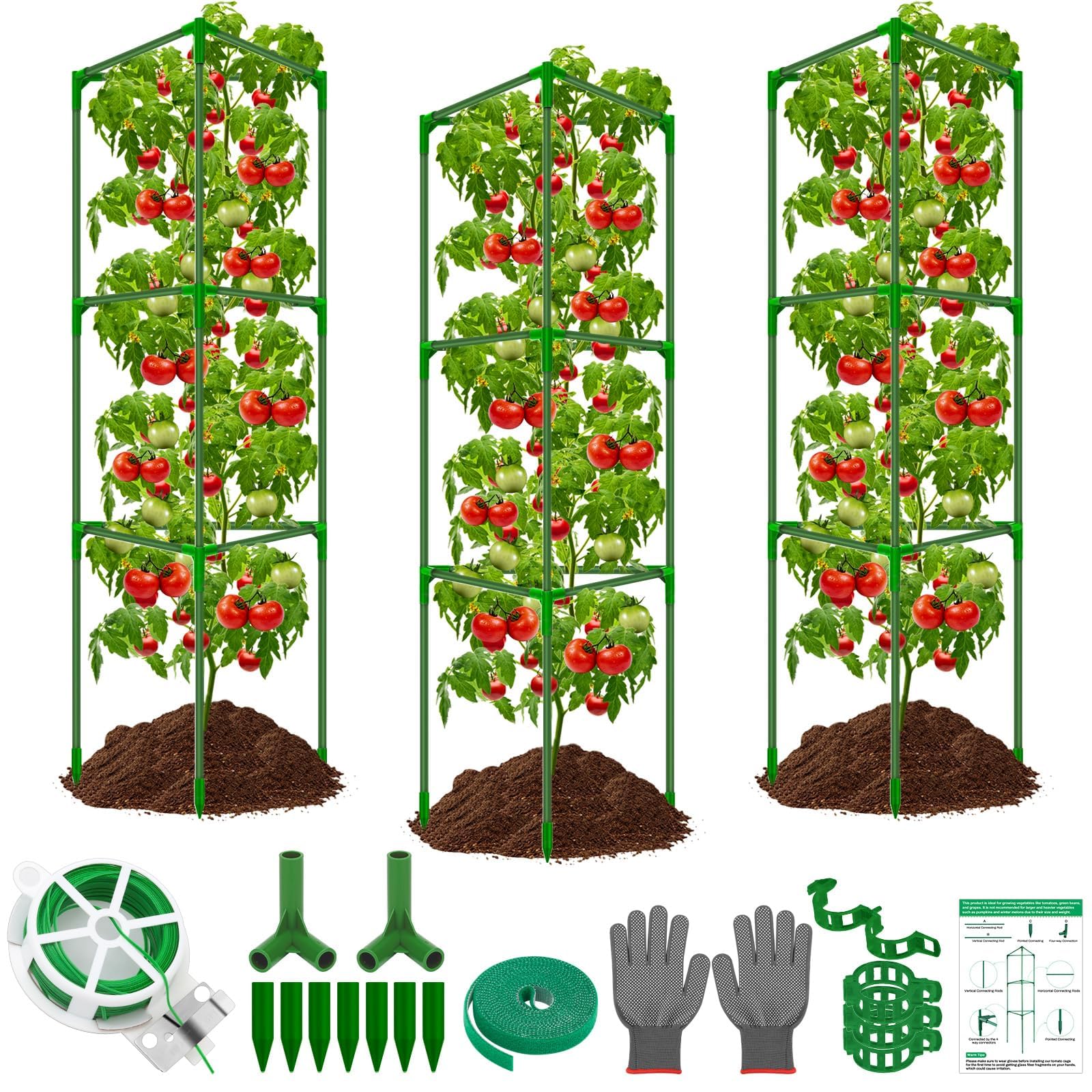 3Pack Tomato Cages, Up to 56 Inch Adjustable Tomato Support Frame Rustproof Fibreglass Garden Trellis, Vertical Climbing Plant Support with Clips Twist Tie Velcro Gloves for Peppers Beans Peas Flowers