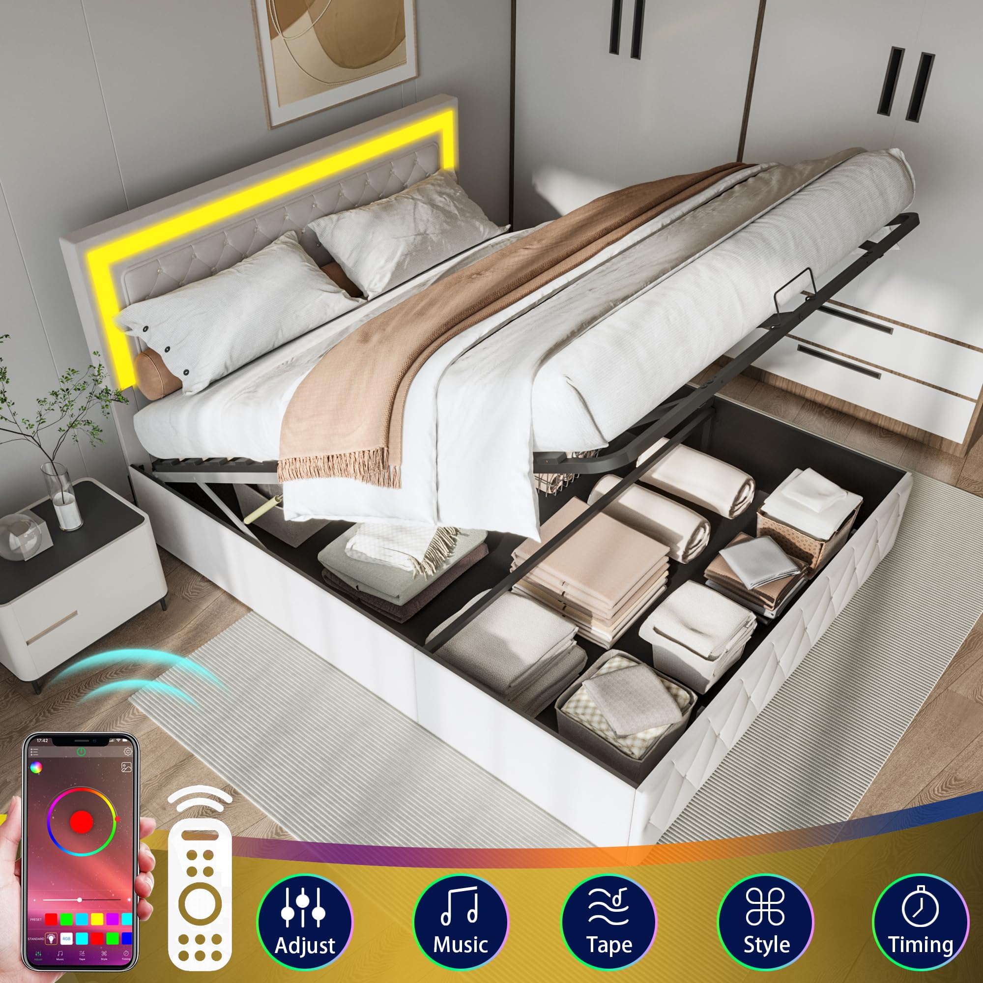Letto doppio Imbottito Moderno 140x200cm, Letto Contenitore con LED, Testiera con Caricatore USB e Type-C, Letto Idraulico Beige Velluto | Leroy Merlin