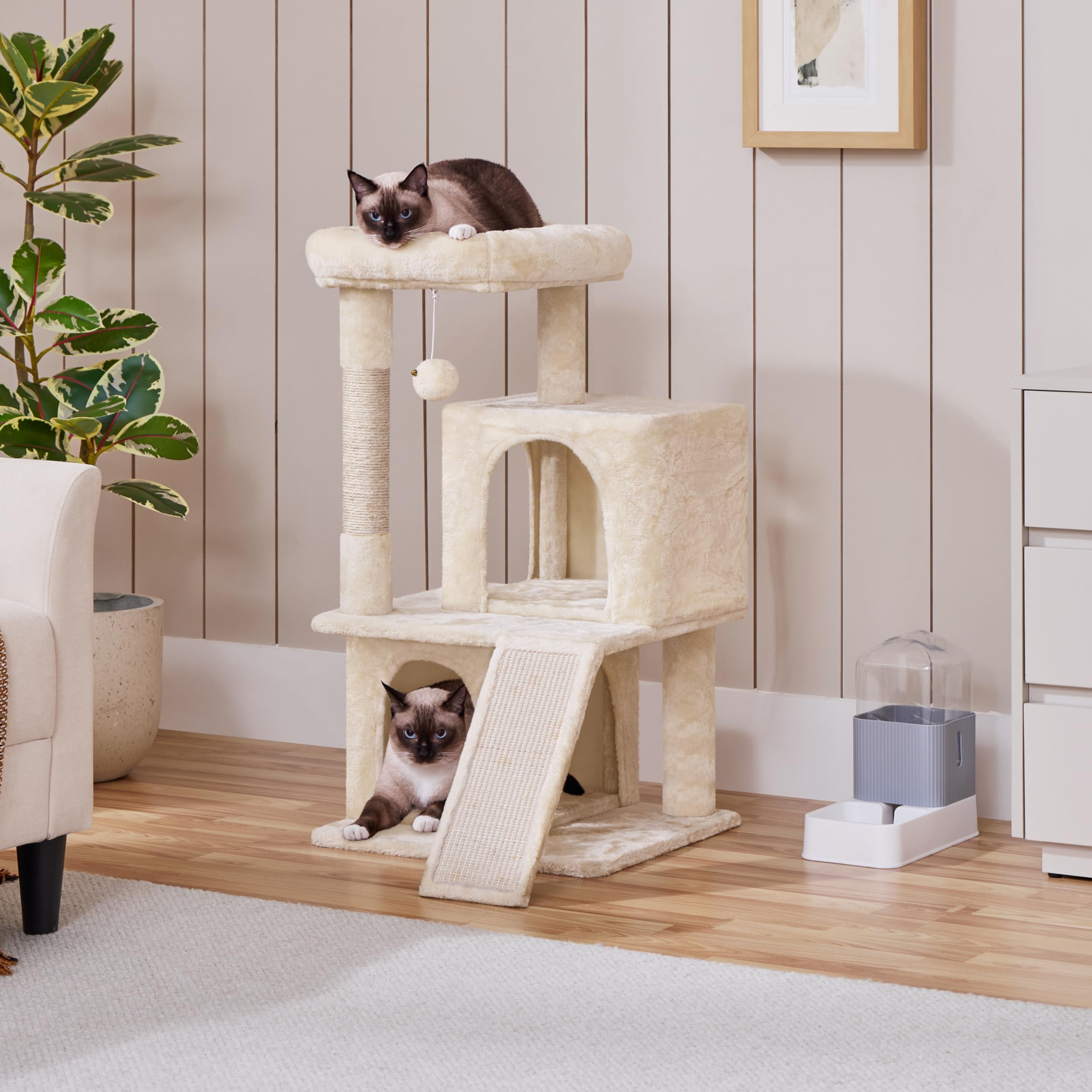 Abician Cat Tree Ideal At The Corner Of The Wall Cat Tree with Scratching Poles Sisal Spacious Kennel 1 Plush Ball 49 x 45.5 x 91 cm Beige