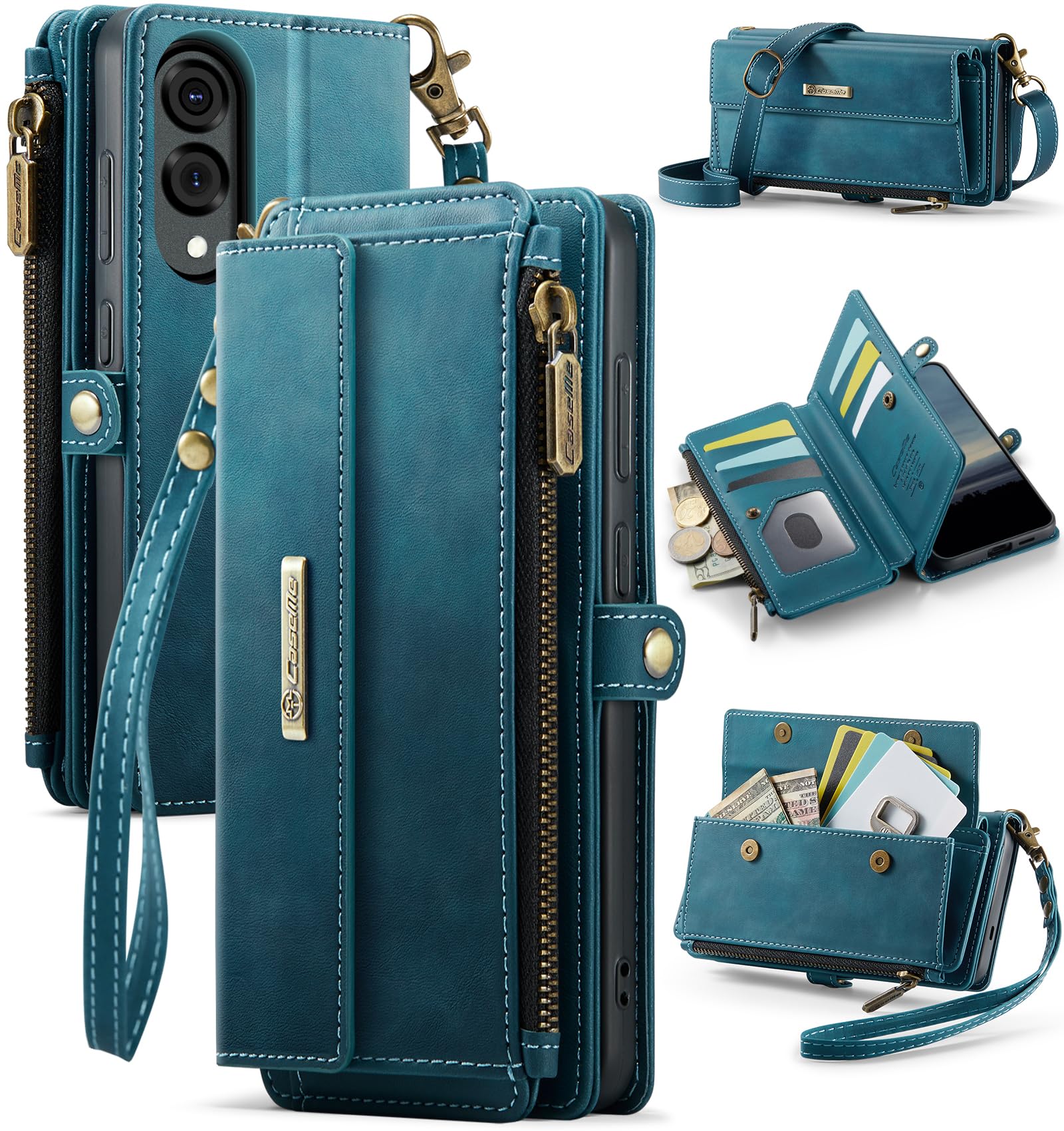 Taneny Wallet Case Compatible with Samsung Galaxy S25 Edge with RFID Blocking Card Holder Wrist Strap Shoulder Strap, PU Leather Magnetic Snap Zipper Flip Phone Case Fit for Samsung S25 Edge (Teal)