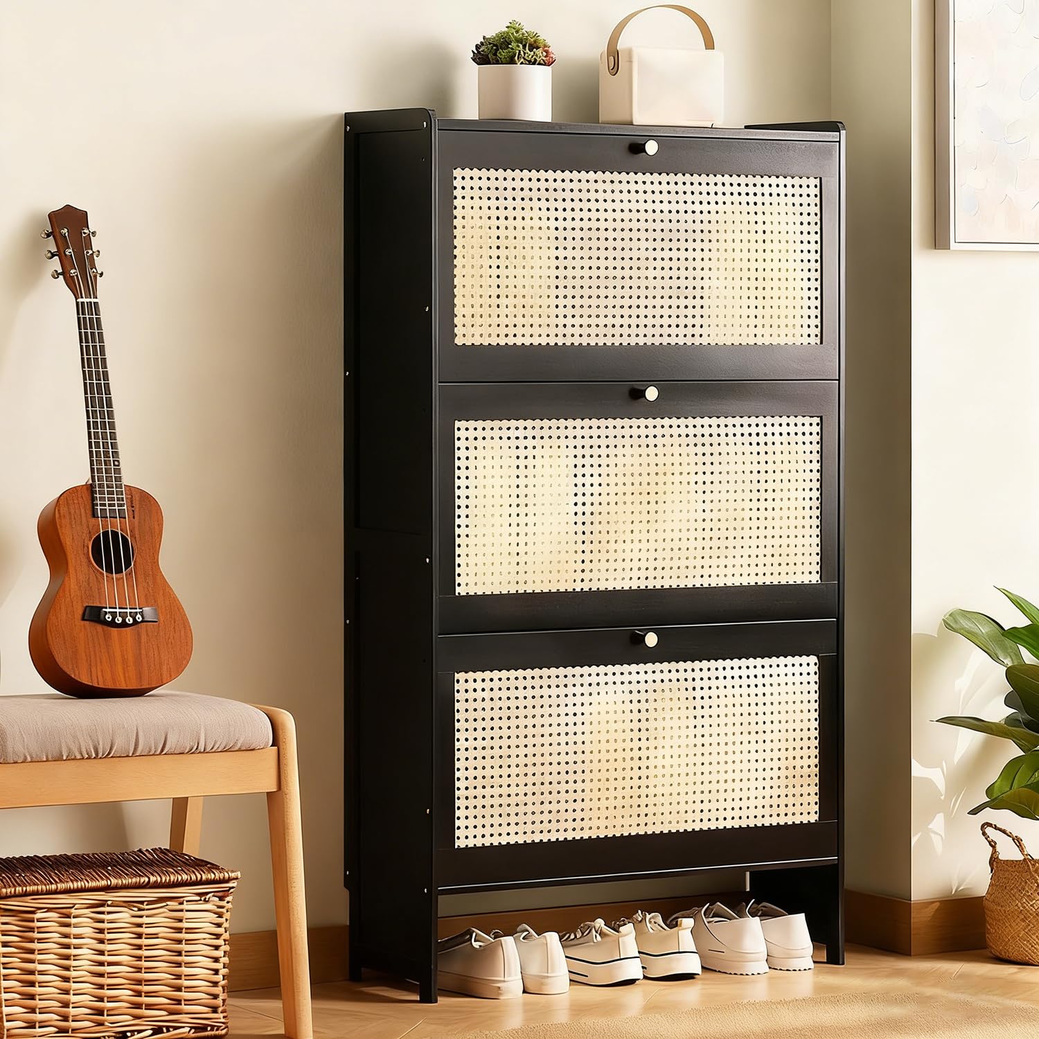 Meuble à chaussures étroit en bambou 120 cm avec porte en osier pour rangement couloir