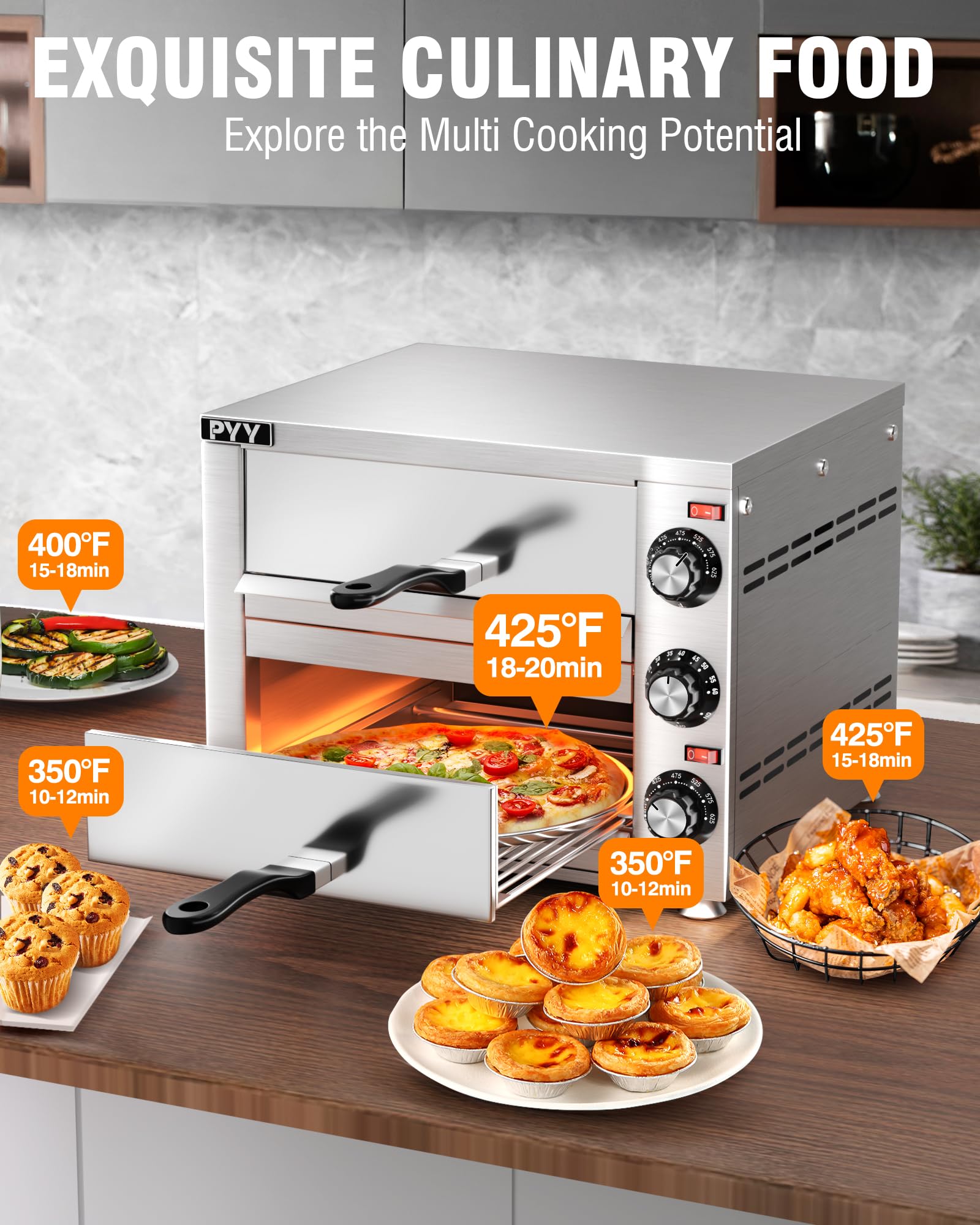 PYY Commercial Pizza Oven -12 Inch Double Decker Pizza Ovens 2-Layers Countertop Pizza Cooker Electric Indoor with Timer Stainless Steel Pizza Maker for Party Restaurant Home, Silver - Additional View