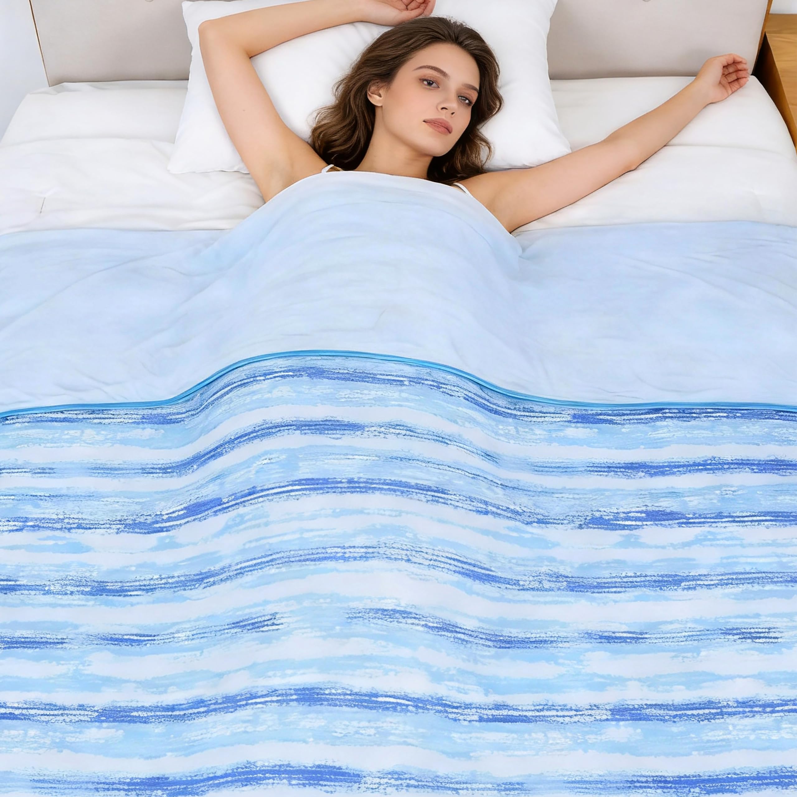 Chlophy Kühldecke für Nachtschweiß, Sommerdecke, Heißschläfer für Nachtschlafen, Bambus, großes Kingsize-Bett, hellblau, batikgefärbte Streifen, kühl, japanische Arc-Chill, Q-MAX>0,5, Hitzewallungen