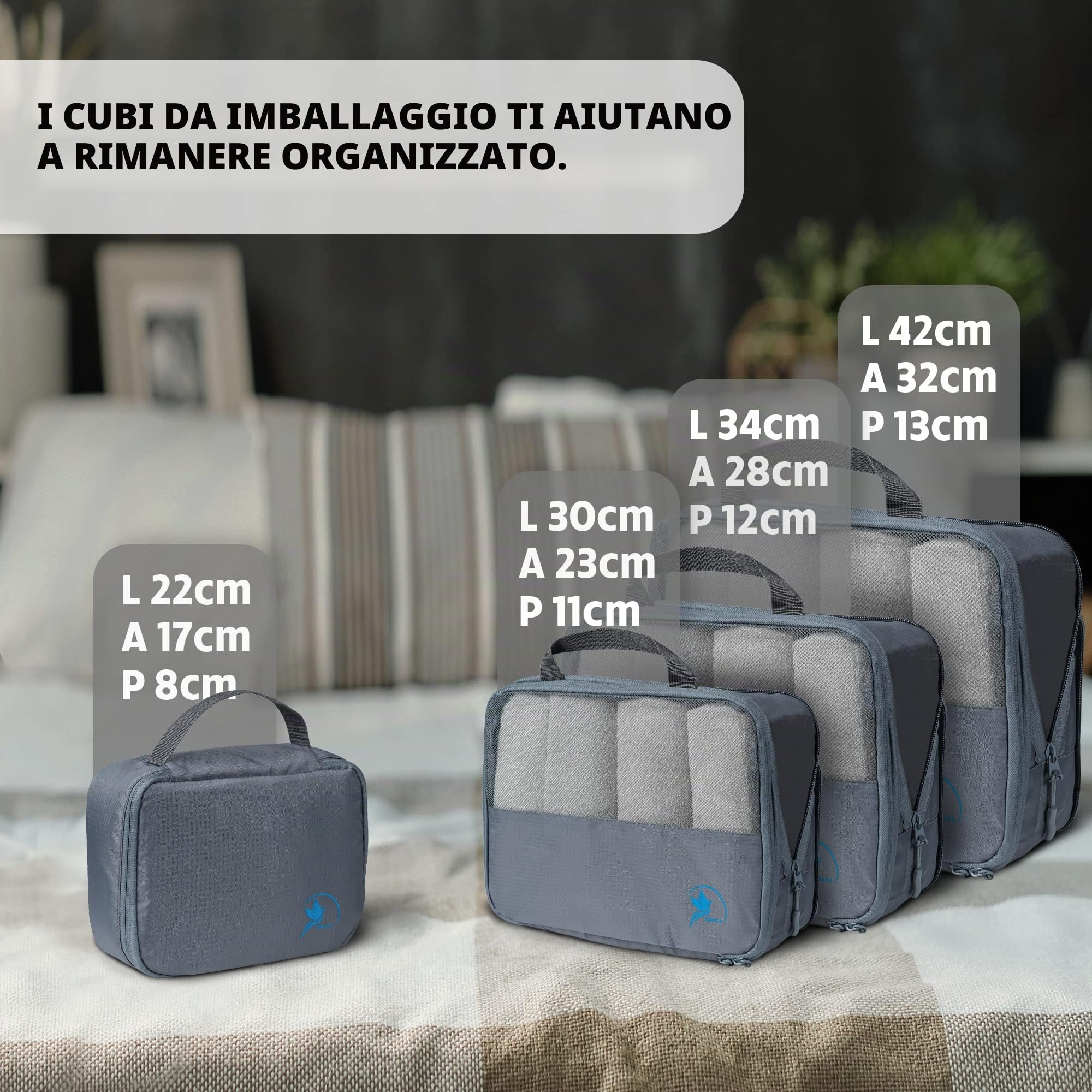 Obics - Valigia Organizer da viaggio grigio Packing cubes set di 5 pezzi con compressione e organizer per valigie e accessori da campeggio per il sistema di organizzatori Cubi da imballaggio