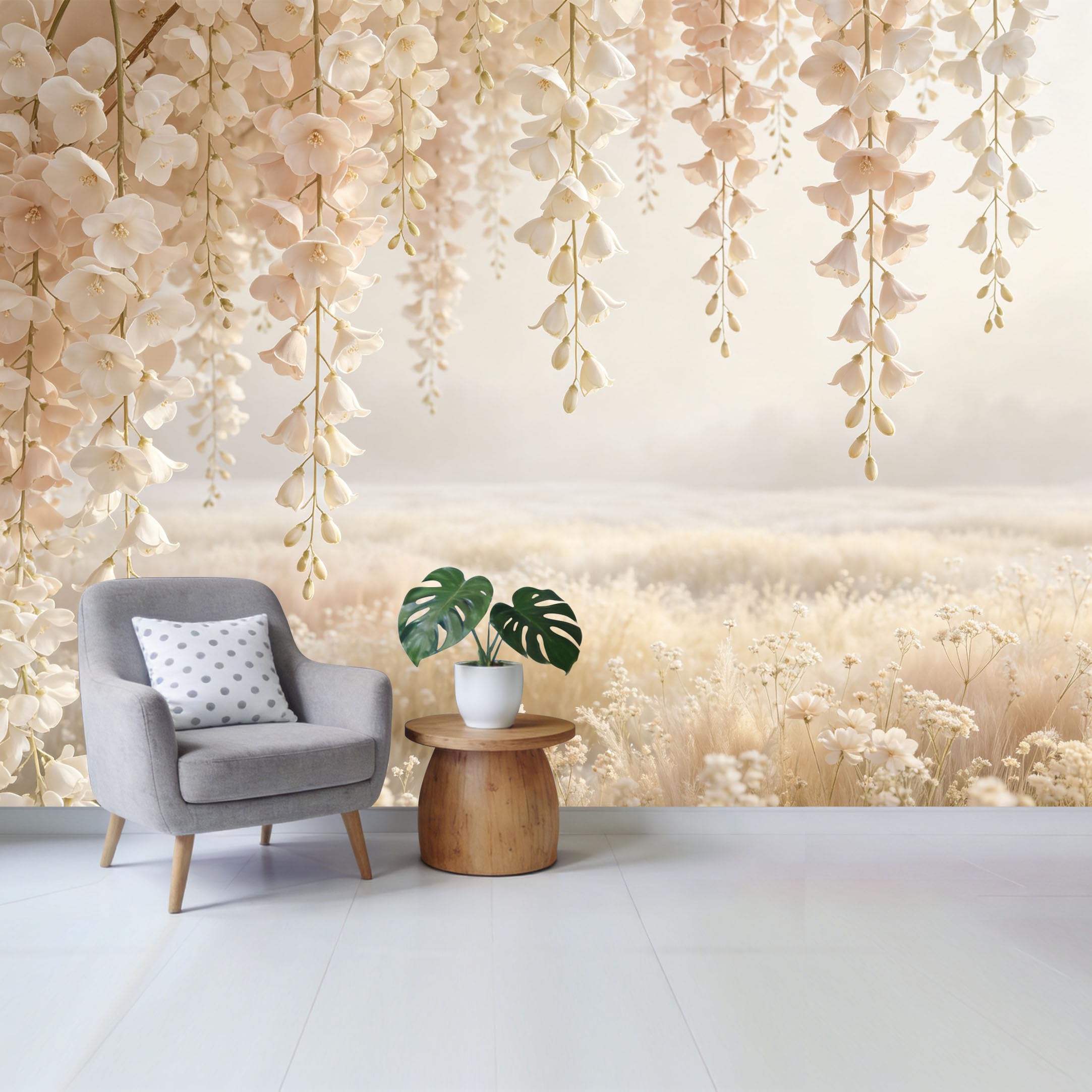 Qzlithotic Yq2605250769 Custom Size Wall Mural Elegant Cream Wisteria Flowers Botanical Watercolor Hanging Petals Selfadhesive Wall Fabric Removable Wallpaper For Home Office Decor