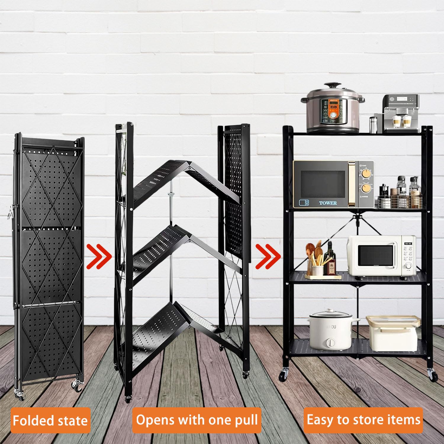Lar Capaci nizer - Scaffale a 4 ripiani in metallo, per cucina, lavanderia e bagno, pieghevole, con ruote (nero)