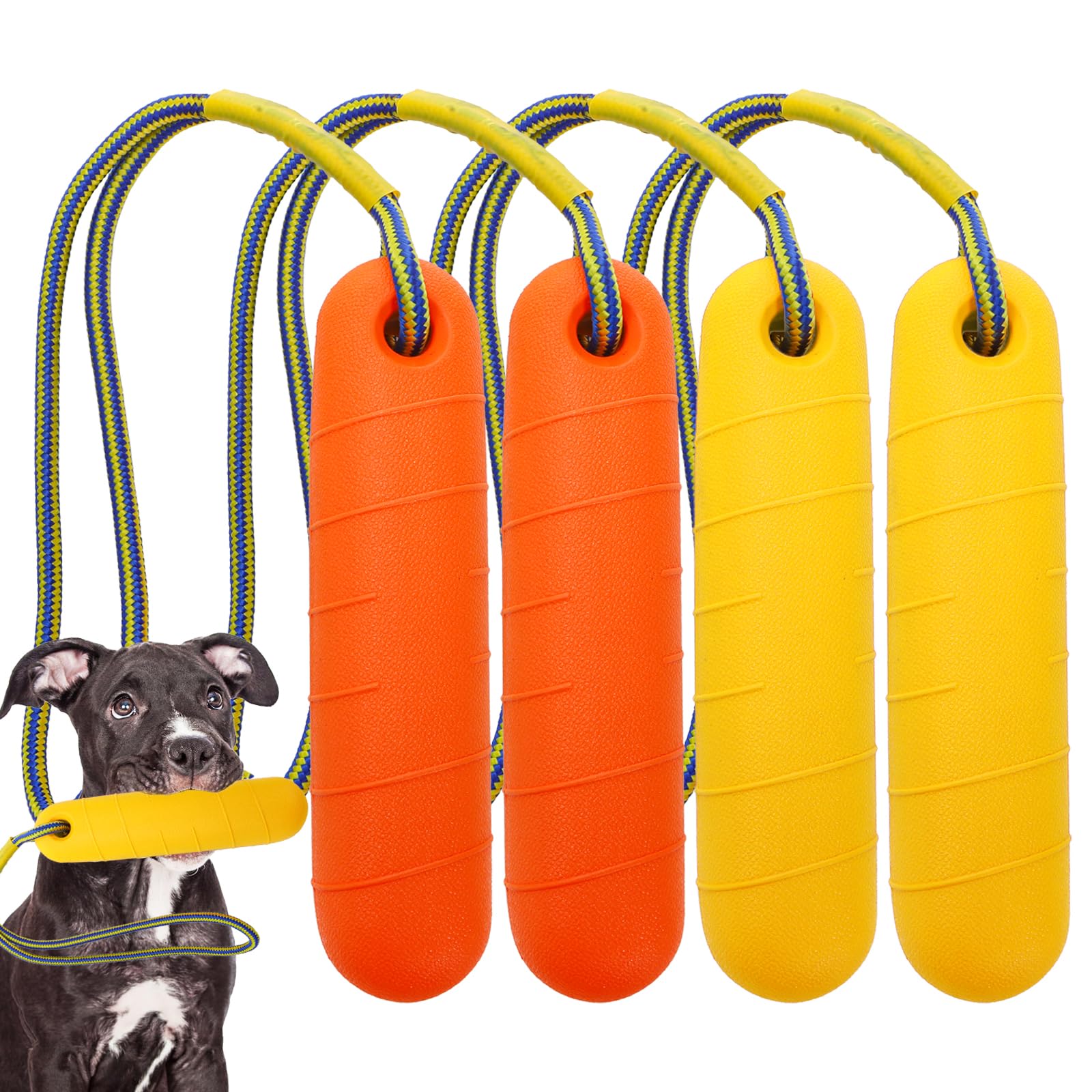 DEAYOU 4 Pack Dog Pool Toys, Interactive Dog Water Floating Toys with Rope, Fetch Training Bumpers Retrieving Dummy, Pet Throw Toy for Outdoor, Summer, Playing, Tug Game, Retriever