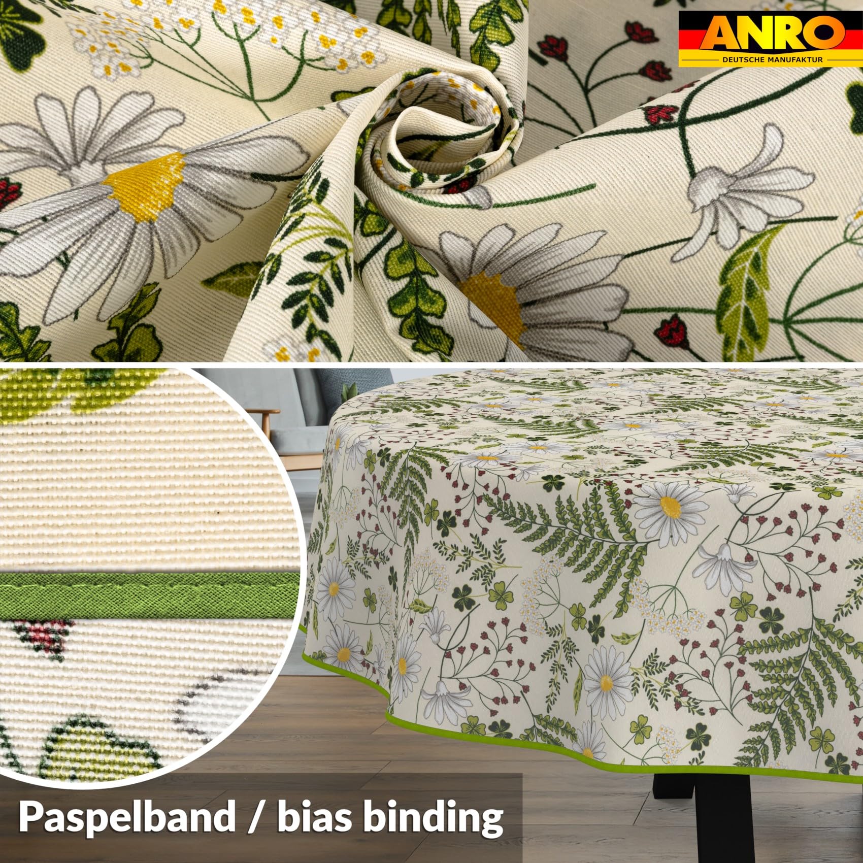 ANRO Tischdecke abwaschbar Kamille Blätter mit Saum oval 220x140 cm