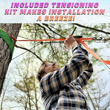 Zipline for Kids and Adult, Zip line Kits for Backyard with Stainless Steel Spring Brake, Cable Tensioning Kit, Safety Harness, 2 Tree Protectors Set of Zip line Accessories