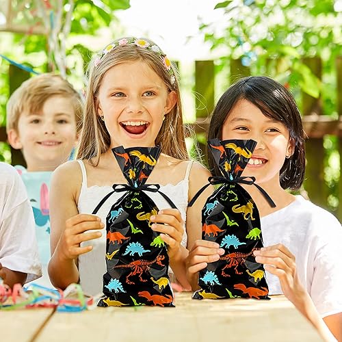 Miniatura 3 de Outus 100 bolsas de celofán de dinosaurio, esqueleto de dinosaurio, bolsas de recuerdos de fiesta con un rollo de cinta para bocadillos de