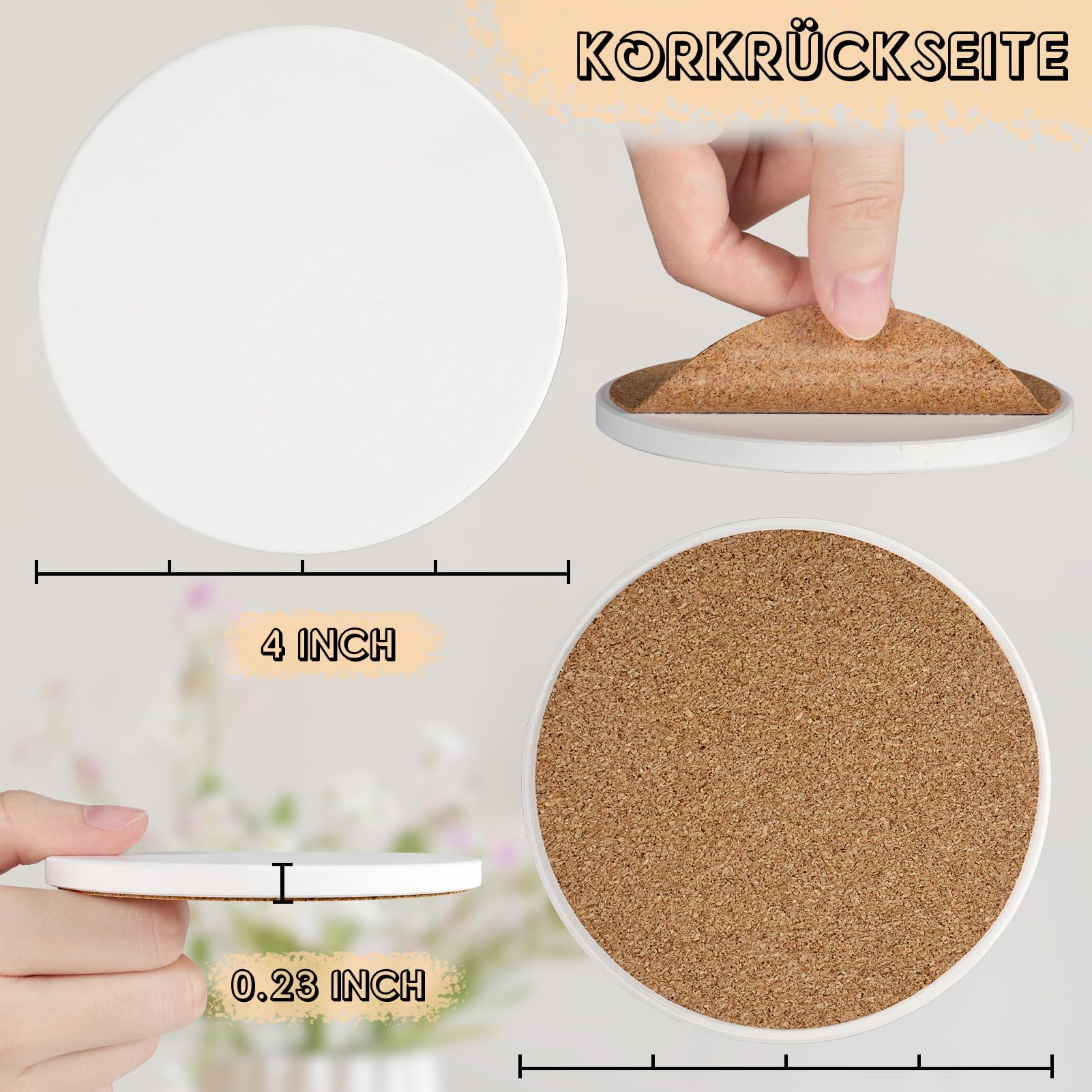 GOH DODD Keramikfliesen zum Basteln, 24 Stück 10,2 cm Leere Untersetzer, Unglasierte Keramik-weiße Fliesen mit 12 Stück Kork-Stützpads zum Malen, Alkoholtinte, Acrylgießen, DIY, Mosaik, Rund