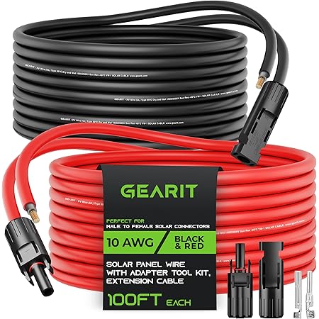GearIT 10AWG Solar Extension Cable (100FT Black - 100Ft Red) Male to Female Solar Connectors with Adapter Tool Kit, Solar Panel Renewable Energy, 10 Gauge Pure Copper Extension Cord, 100 Feet