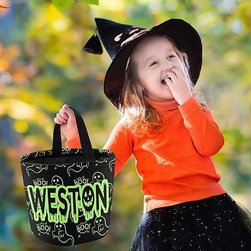 Miniatura 6 de Artsadd Cubo de dulces de Halloween personalizado con nombre, bolsas de mano personalizadas de Halloween, regalos de fiesta de Halloween, cesta de