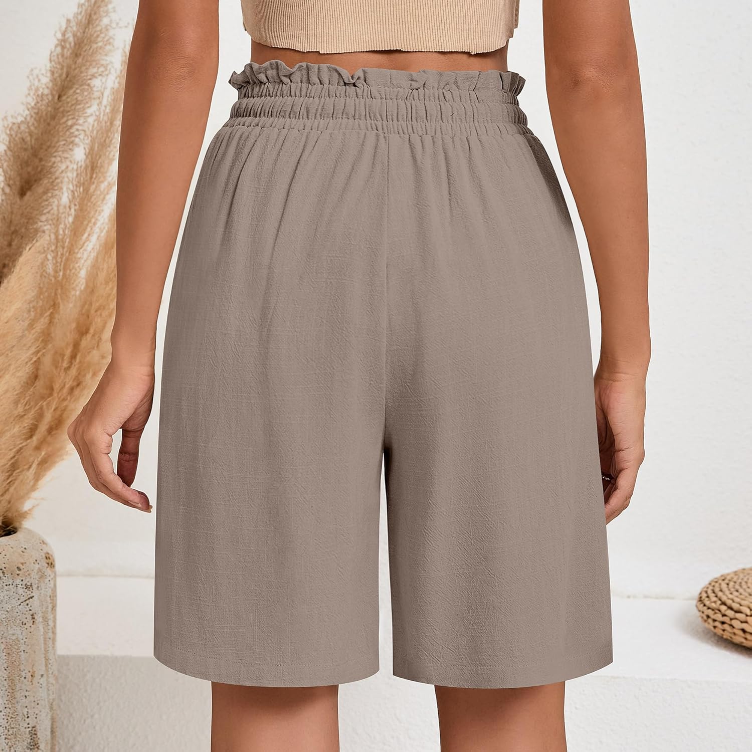 Neer 2 Pcs Women's Linen Summer Shorts Casual Bermuda Wide Leg Mid Length High Waisted Drawstring Short with Pocket - Image 4