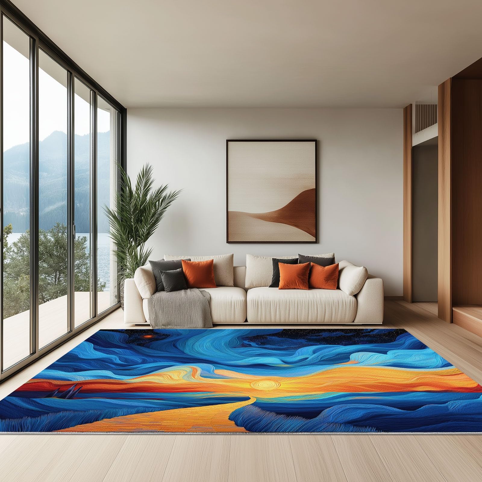 Abstrakcyjny dywan z zachodem słońca gwiaździste niebo 120 x 170 cm - Wycieraczka do drzwi do wnętrz i na zewnątrz Dywan ciemnoniebieski antypoślizgowy i pyłoszczelny wodoodporny dywan wejściowy