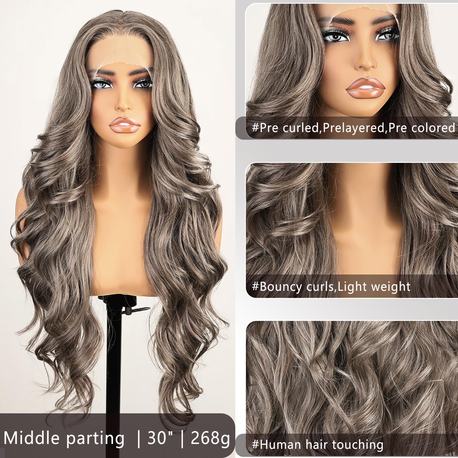 FABLLE Pink Lace Front Wig - 30 Inch Glueless Body Wave Synthetic Wig with Baby Hair Gradient Pink Color: 30 Inch Ash Blonde