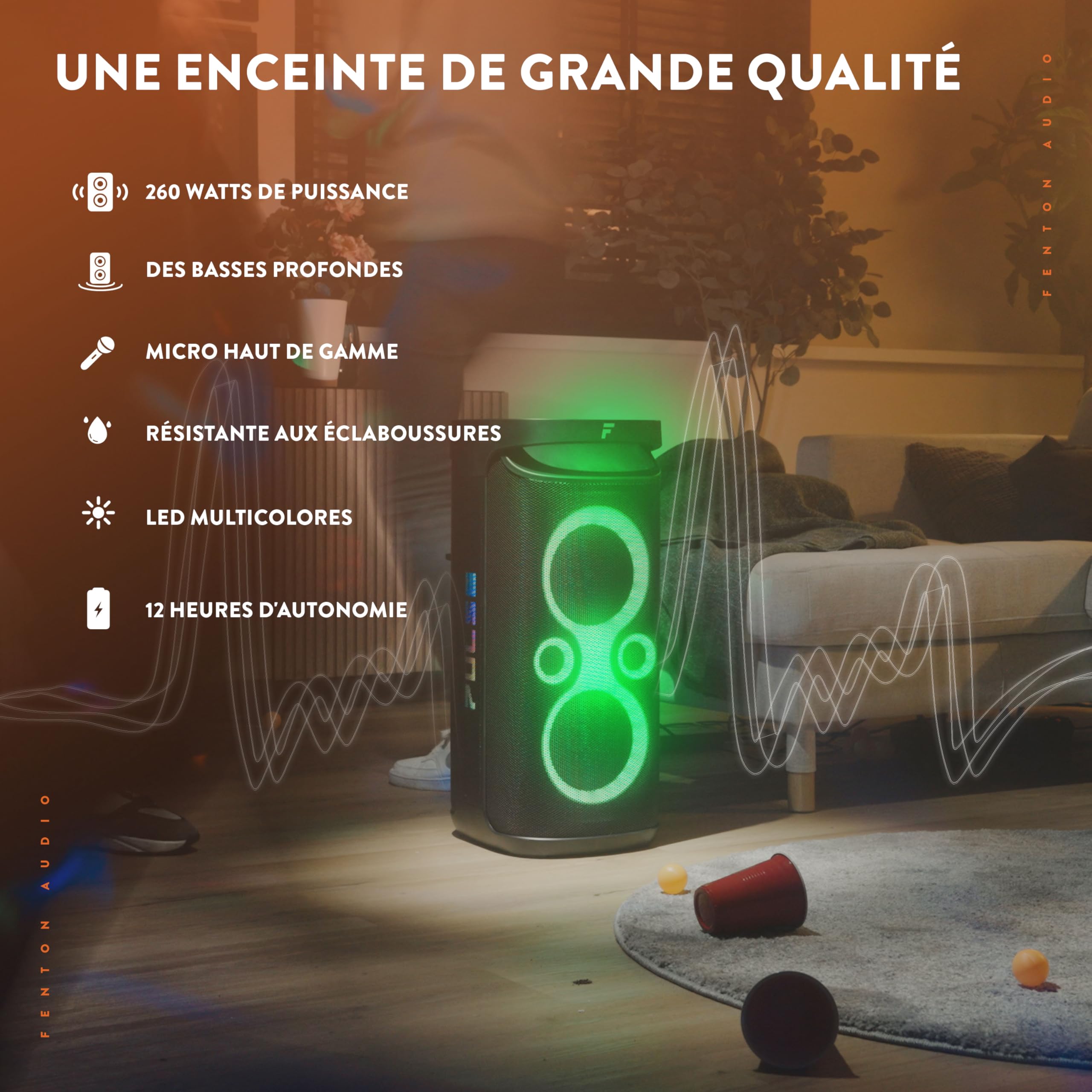Fenton Pulse130 Enceinte de Soirée Lumineuse Bluetooth - 260 Watts, Batterie Longue Autonomie 12H, Résistance aux Éclaboussures IPX4, Idéale pour Toutes Vos Soirées en Intérieur ou Exterieur