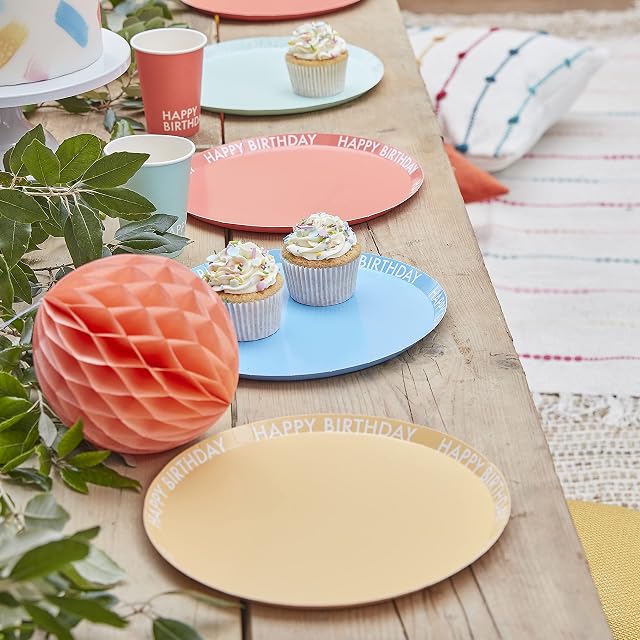 Ginger Ray Mixed Colours Happy Birthday Eco Friendly Paper Plates-8 Pack, Multi