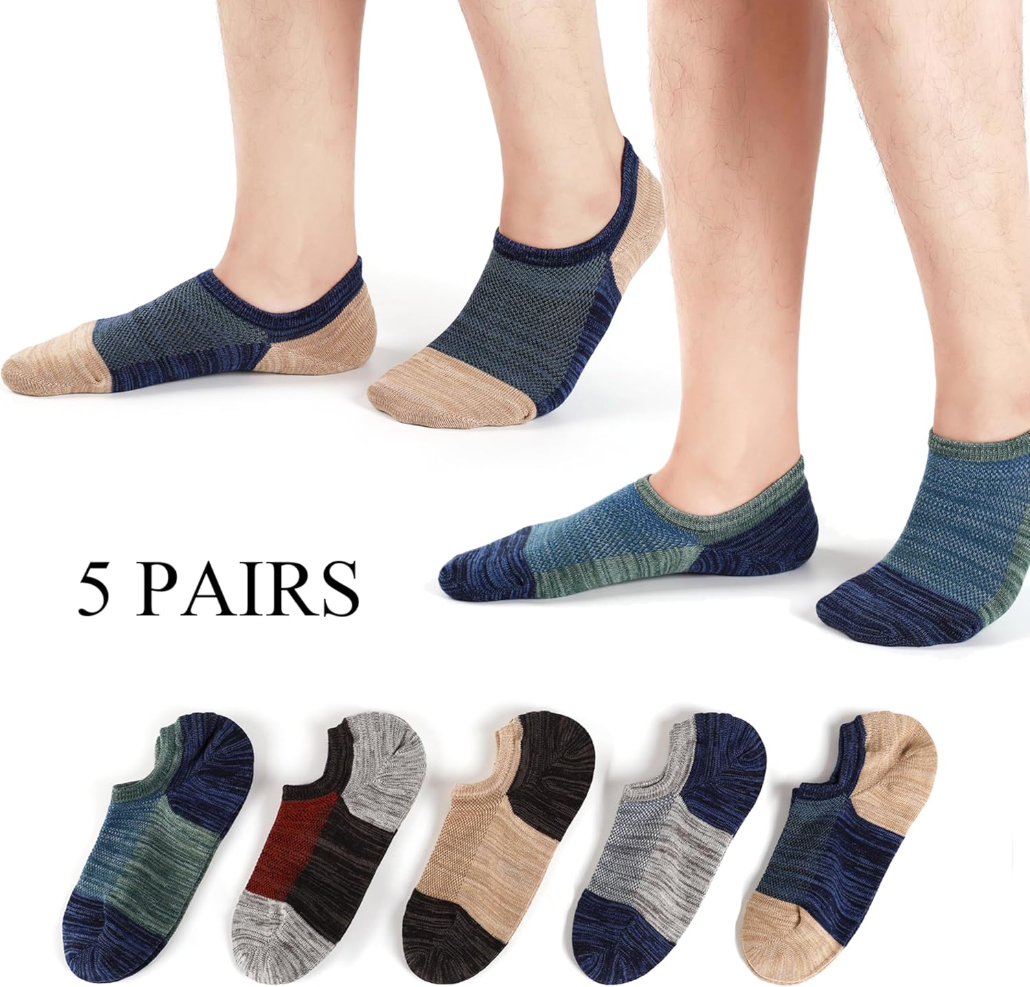Mottee&Zconia No Show Socks for Men Short 3-Yarn Knit Cotton Casual Anti-Skid Non Slip Low Cut Men Invisible Moisture Wicking Socks 5Pack - Image 2